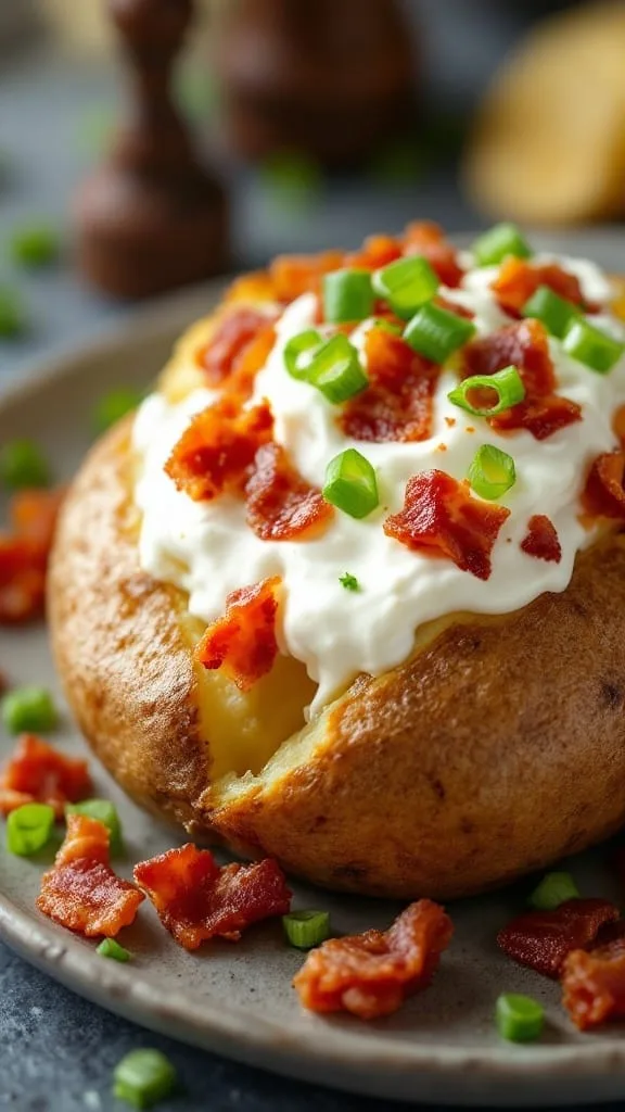 12 Irresistible Baked Potato Fillings You Need to Try 6 A baked potato topped with creamy sour cream, crumbled bacon, and green onions
