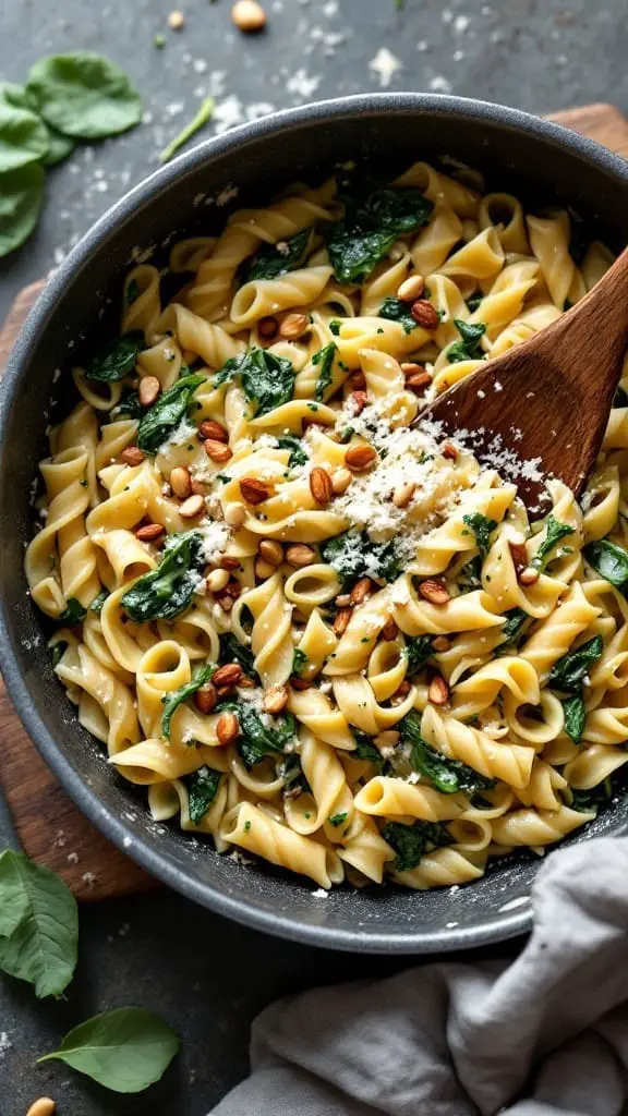 12 Easy One-Pot Pasta Dinner Recipes You’ll Love 9 A creamy rotini pasta dish with spinach and ricotta, garnished with pine nuts.