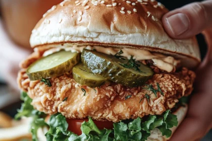 Crispy Dill Pickle-Brined Fried Chicken Sandwiches 3 crispy dill chicken burger2