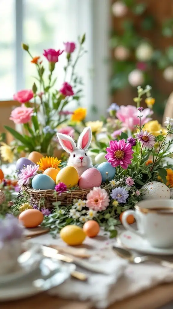 10 Delicious Ideas for Your Easter Family Party 7 A colorful Easter egg arrangement with flowers and a bunny centerpiece