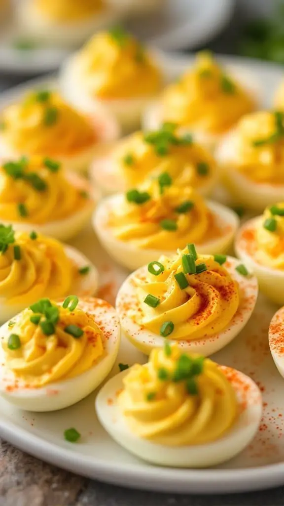 10 Delicious Ideas for Your Easter Family Party 4 A plate of deviled eggs topped with paprika and chives, perfect for a family gathering.