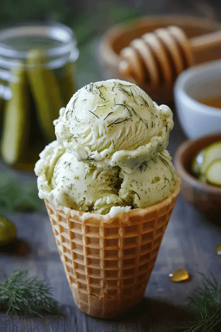 Dill Pickle Ice Cream with a Honey Drizzle