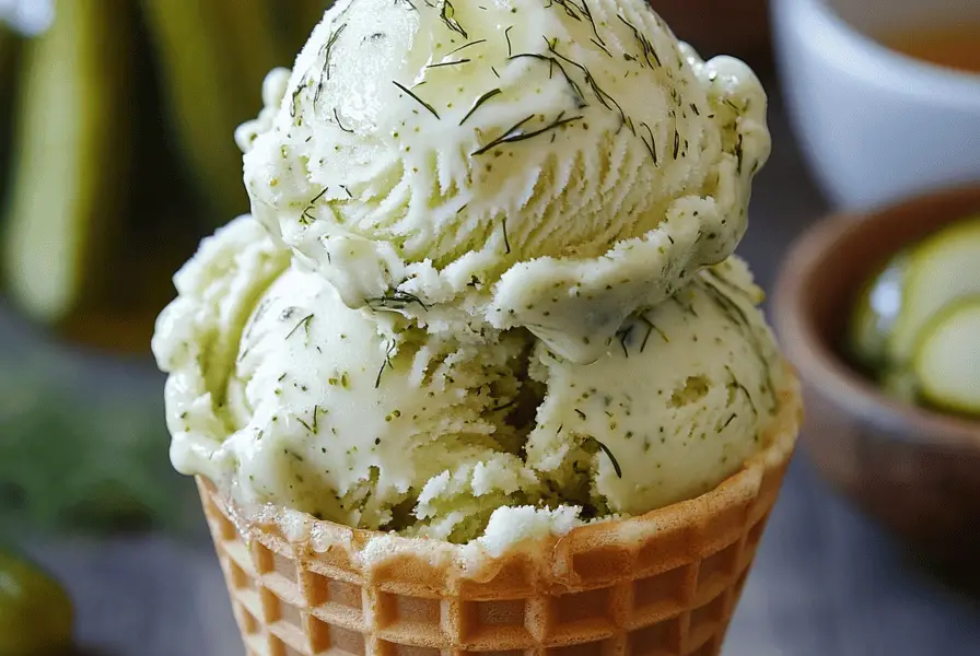 Dill Pickle Ice Cream with a Honey Drizzle 1 dill pickle ice cream1
