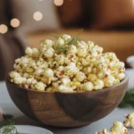 A rustic wooden bowl filled with fluffy, golden popcorn dusted with vibrant green dill seasoning and red chili flakes. The popcorn glistens lightly from butter, and a small dish of pickle juice with fresh dill sprigs sits nearby. The background is blurred with a cozy movie night setup, featuring a warm-toned living room and soft lighting.