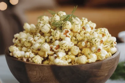 Spicy Dill Pickle Popcorn 15 A rustic wooden bowl filled with fluffy, golden popcorn dusted with vibrant green dill seasoning and red chili flakes. The popcorn glistens lightly from butter, and a small dish of pickle juice with fresh dill sprigs sits nearby. The background is blurred with a cozy movie night setup, featuring a warm-toned living room and soft lighting.