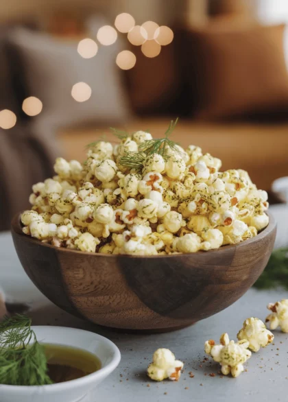 A rustic wooden bowl filled with fluffy, golden popcorn dusted with vibrant green dill seasoning and red chili flakes. The popcorn glistens lightly from butter, and a small dish of pickle juice with fresh dill sprigs sits nearby. The background is blurred with a cozy movie night setup, featuring a warm-toned living room and soft lighting.