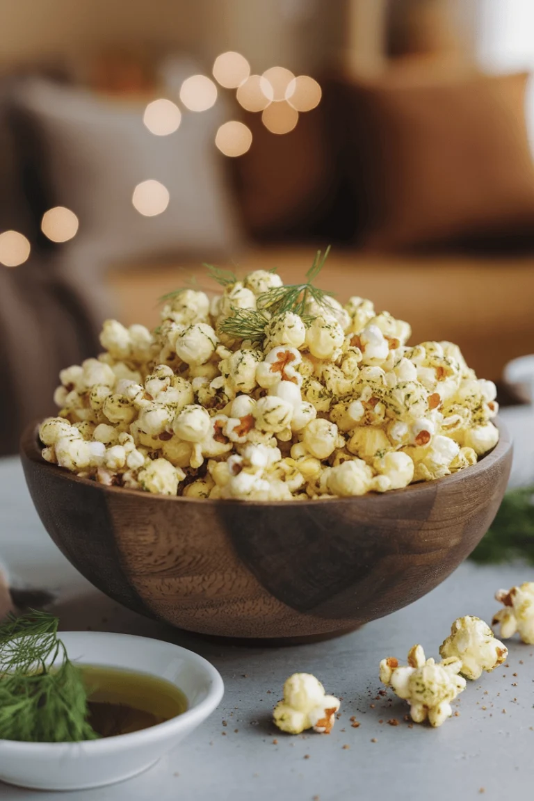 A rustic wooden bowl filled with fluffy, golden popcorn dusted with vibrant green dill seasoning and red chili flakes. The popcorn glistens lightly from butter, and a small dish of pickle juice with fresh dill sprigs sits nearby. The background is blurred with a cozy movie night setup, featuring a warm-toned living room and soft lighting.