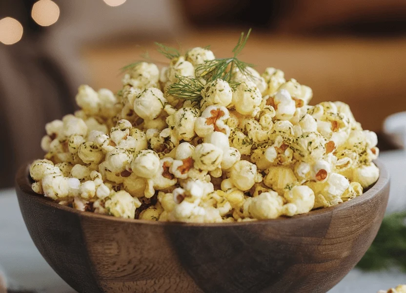Spicy Dill Pickle Popcorn 1 A rustic wooden bowl filled with fluffy, golden popcorn dusted with vibrant green dill seasoning and red chili flakes. The popcorn glistens lightly from butter, and a small dish of pickle juice with fresh dill sprigs sits nearby. The background is blurred with a cozy movie night setup, featuring a warm-toned living room and soft lighting.