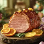 Golden-brown glazed Easter baked ham on a white platter, garnished with fresh herbs and pineapple slices. The perfect holiday centerpiece with a rich, caramelized glaze and juicy, tender slices ready to serve