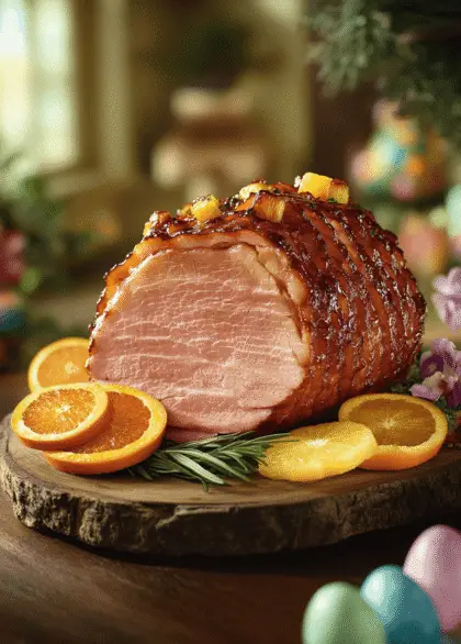 Golden-brown glazed Easter baked ham on a white platter, garnished with fresh herbs and pineapple slices. The perfect holiday centerpiece with a rich, caramelized glaze and juicy, tender slices ready to serve
