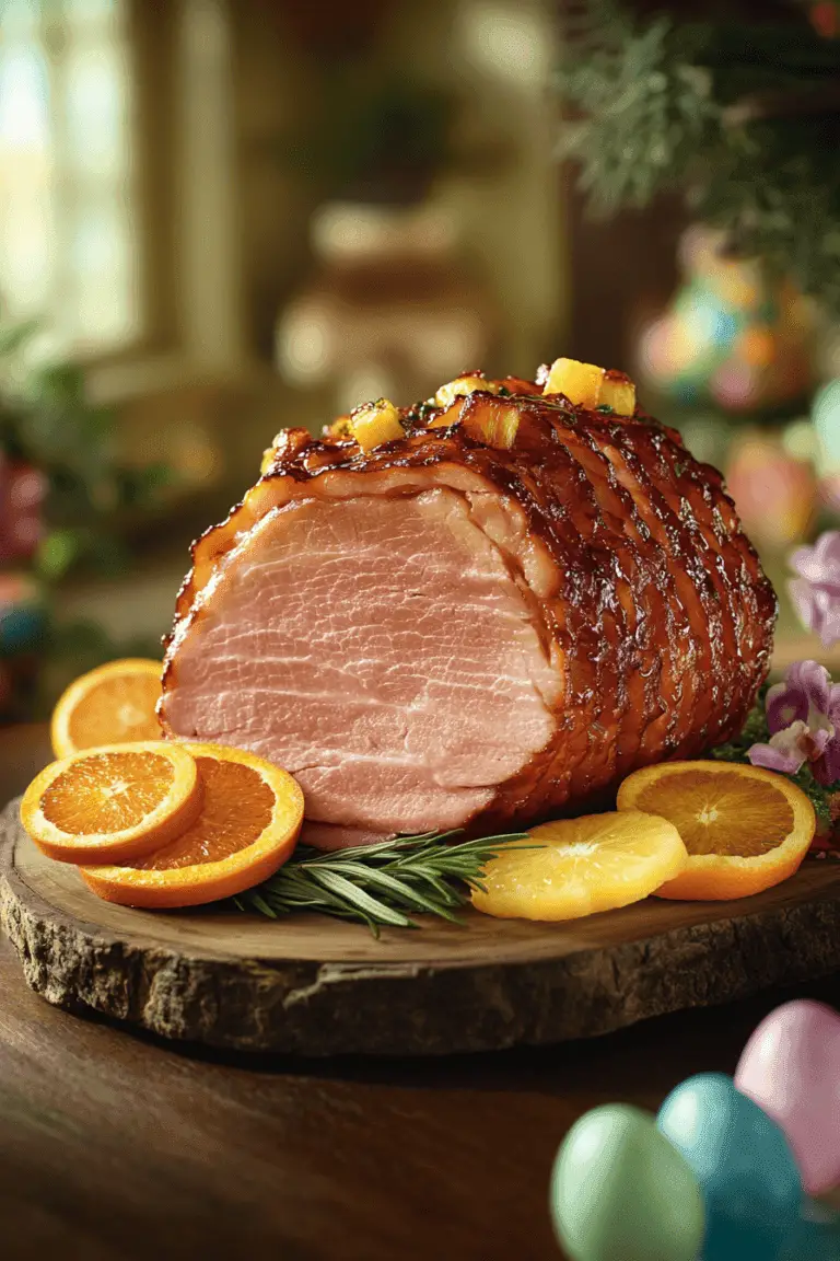 Golden-brown glazed Easter baked ham on a white platter, garnished with fresh herbs and pineapple slices. The perfect holiday centerpiece with a rich, caramelized glaze and juicy, tender slices ready to serve