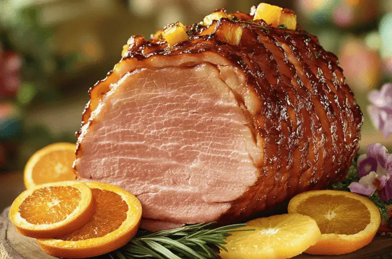Golden-brown glazed Easter baked ham on a white platter, garnished with fresh herbs and pineapple slices. The perfect holiday centerpiece with a rich, caramelized glaze and juicy, tender slices ready to serve