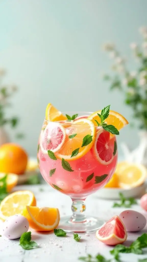 10 Delicious Ideas for Your Easter Family Party 10 A vibrant glass of festive Easter punch garnished with colorful fruits and mint leaves.