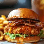 A golden, crispy fried chicken sandwich drizzled with spicy hot honey, topped with crispy maple-glazed bacon and fresh lettuce, all nestled in a toasted brioche bun. The sandwich is served on a wooden plate, with hot honey dripping onto the parchment paper beneath. A side of crispy fries and a cold drink sit in the softly blurred background, enhancing the irresistible, indulgent presentation.