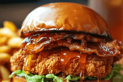 Hot Honey Fried Chicken Sandwich with Crispy Maple Bacon 18 A golden, crispy fried chicken sandwich drizzled with spicy hot honey, topped with crispy maple-glazed bacon and fresh lettuce, all nestled in a toasted brioche bun. The sandwich is served on a wooden plate, with hot honey dripping onto the parchment paper beneath. A side of crispy fries and a cold drink sit in the softly blurred background, enhancing the irresistible, indulgent presentation.