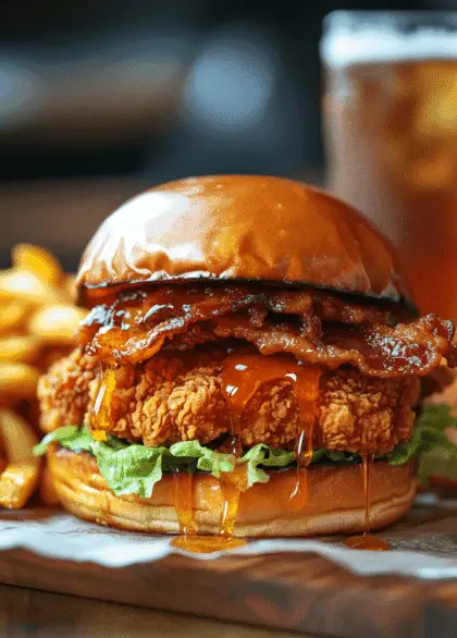 A golden, crispy fried chicken sandwich drizzled with spicy hot honey, topped with crispy maple-glazed bacon and fresh lettuce, all nestled in a toasted brioche bun. The sandwich is served on a wooden plate, with hot honey dripping onto the parchment paper beneath. A side of crispy fries and a cold drink sit in the softly blurred background, enhancing the irresistible, indulgent presentation.