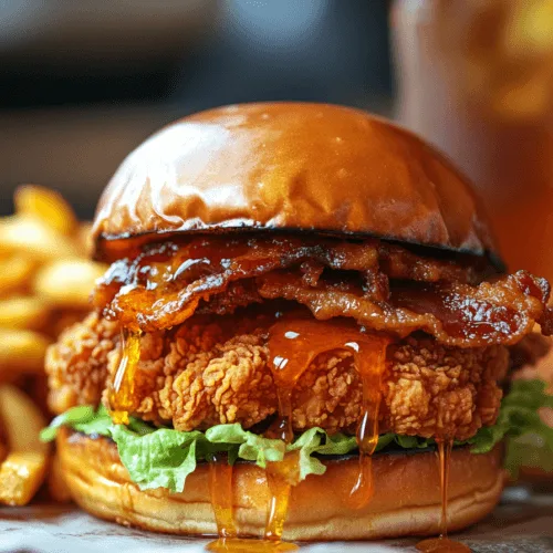 Hot Honey Fried Chicken Sandwich with Crispy Maple Bacon 4 A golden, crispy fried chicken sandwich drizzled with spicy hot honey, topped with crispy maple-glazed bacon and fresh lettuce, all nestled in a toasted brioche bun. The sandwich is served on a wooden plate, with hot honey dripping onto the parchment paper beneath. A side of crispy fries and a cold drink sit in the softly blurred background, enhancing the irresistible, indulgent presentation.