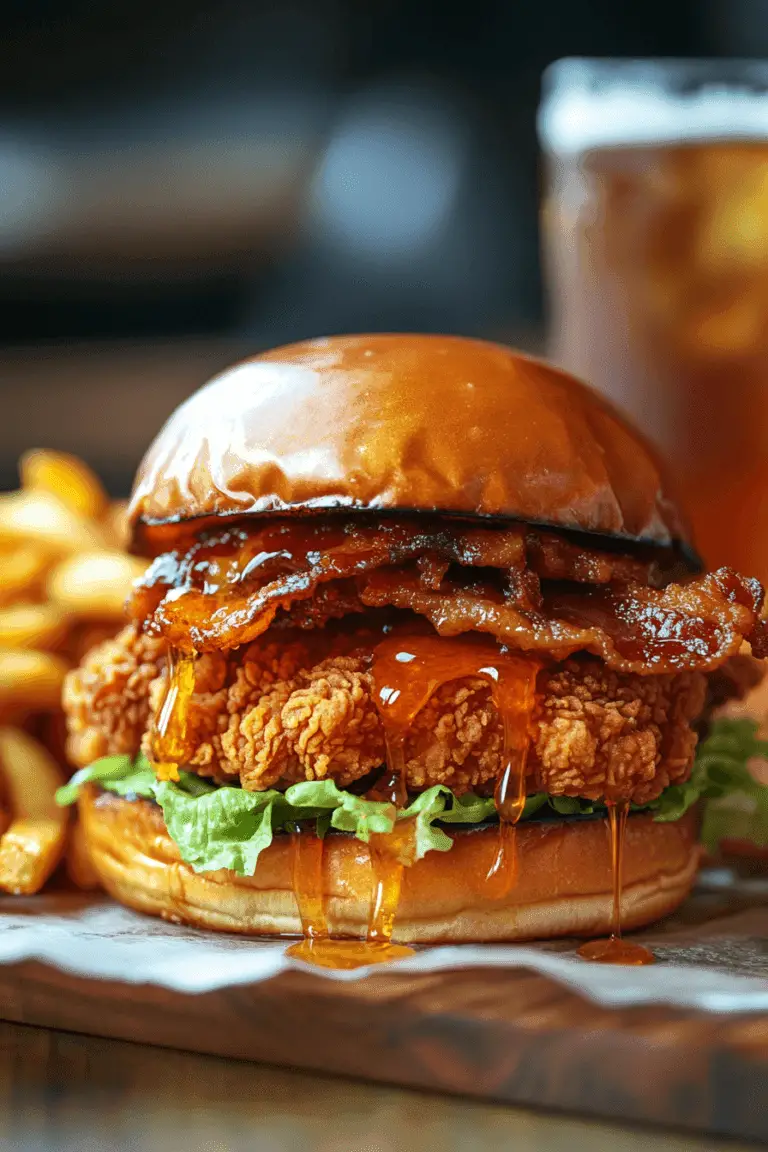 A golden, crispy fried chicken sandwich drizzled with spicy hot honey, topped with crispy maple-glazed bacon and fresh lettuce, all nestled in a toasted brioche bun. The sandwich is served on a wooden plate, with hot honey dripping onto the parchment paper beneath. A side of crispy fries and a cold drink sit in the softly blurred background, enhancing the irresistible, indulgent presentation.