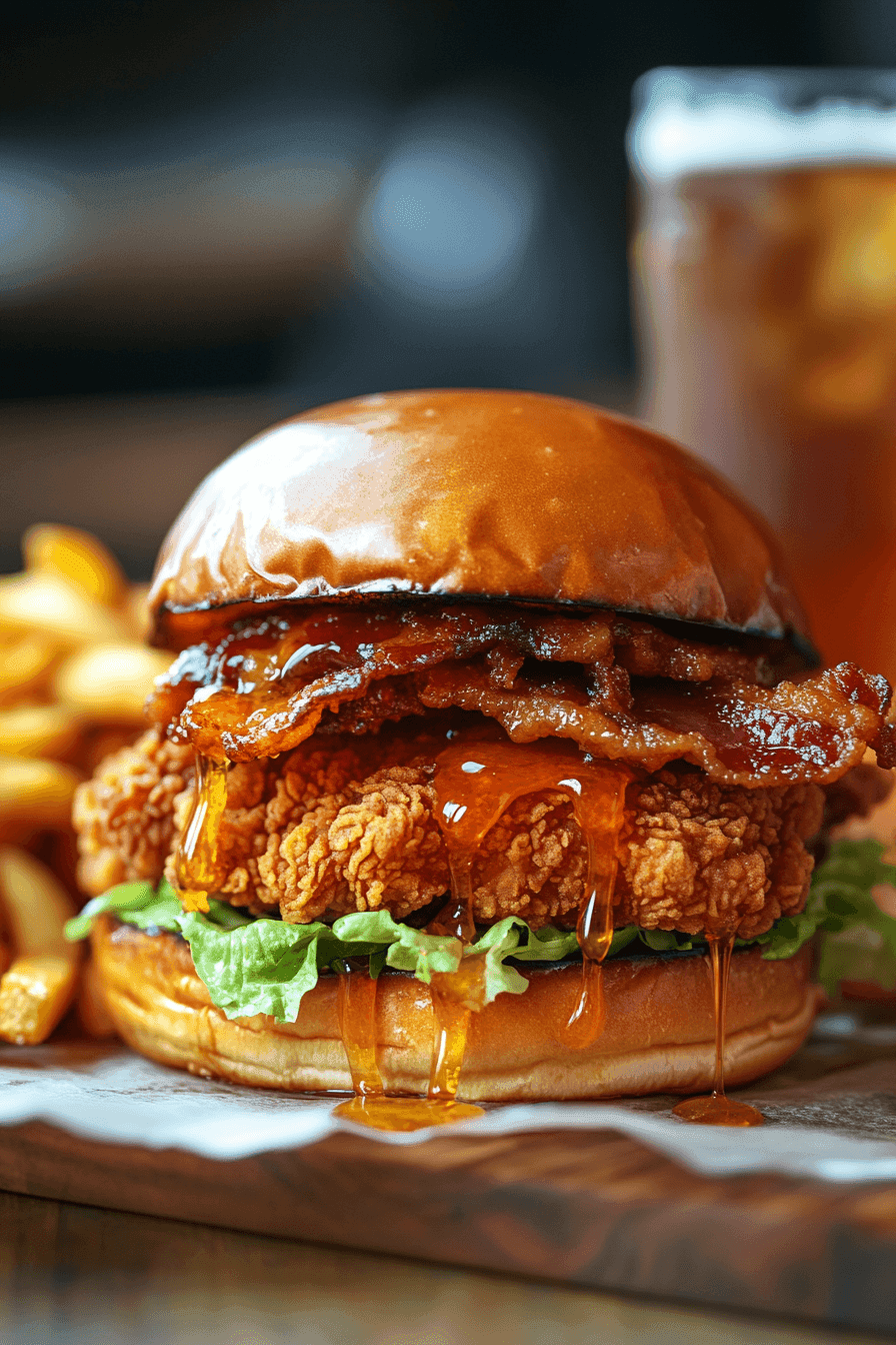 A golden, crispy fried chicken sandwich drizzled with spicy hot honey, topped with crispy maple-glazed bacon and fresh lettuce, all nestled in a toasted brioche bun. The sandwich is served on a wooden plate, with hot honey dripping onto the parchment paper beneath. A side of crispy fries and a cold drink sit in the softly blurred background, enhancing the irresistible, indulgent presentation.