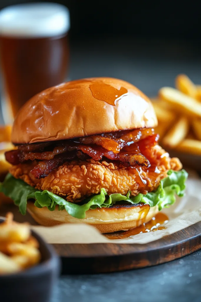 Hot Honey Fried Chicken Sandwich with Crispy Maple Bacon 2 A golden, crispy fried chicken sandwich drizzled with spicy hot honey, topped with crispy maple-glazed bacon and fresh lettuce, all nestled in a toasted brioche bun. The sandwich is served on a wooden plate, with hot honey dripping onto the parchment paper beneath. A side of crispy fries and a cold drink sit in the softly blurred background, enhancing the irresistible, indulgent presentation.