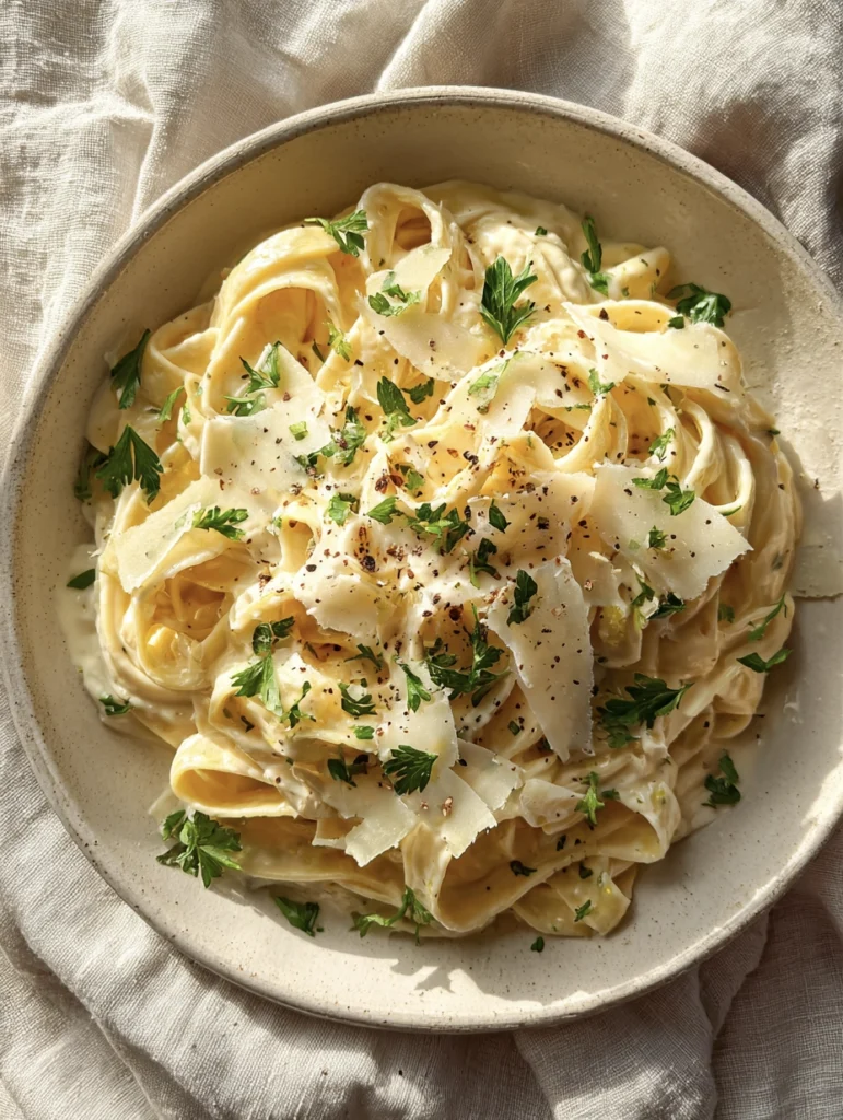 A bowl of creamy garlic parmesan pasta, garnished with parsley.