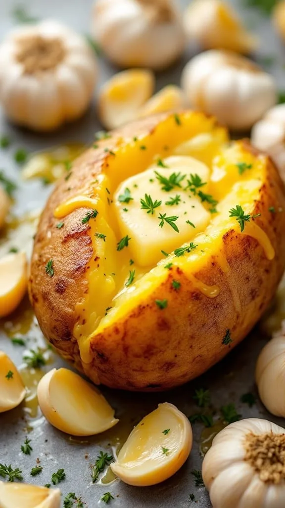 12 Irresistible Baked Potato Fillings You Need to Try 3 A baked potato topped with garlic butter and herbs, served with roasted garlic cloves.