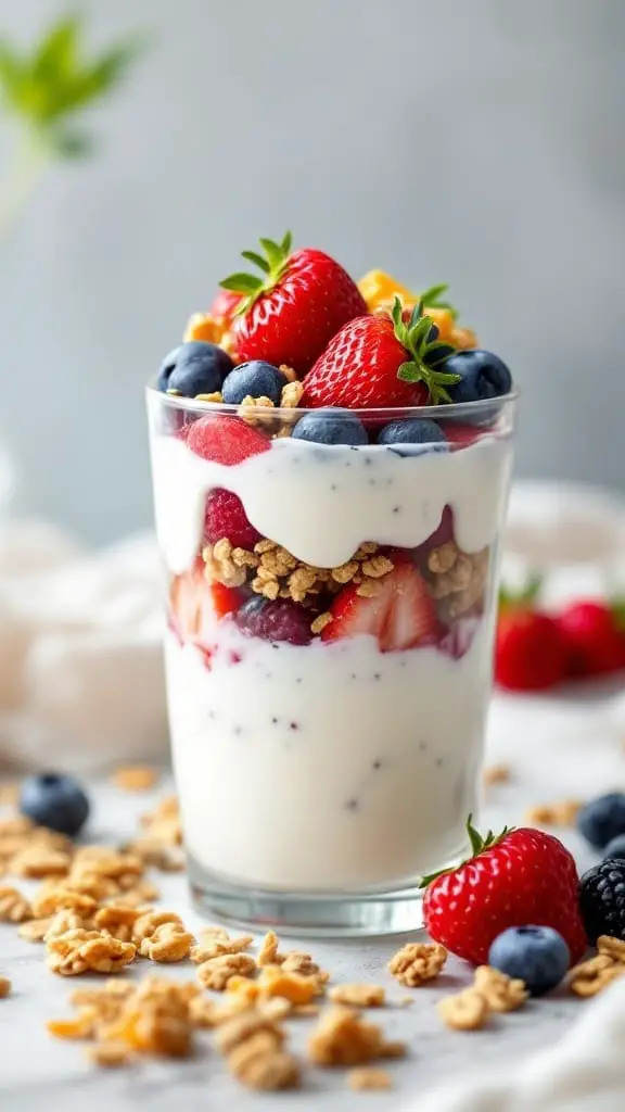 12 Quick and Tasty Breakfast Ideas for Busy Mornings 6 A delicious Greek yogurt parfait layered with strawberries, blueberries, and granola.