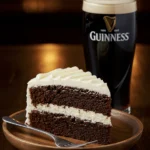 A rich, moist slice of Irish chocolate Guinness cake on a rustic wooden plate, topped with a thick layer of creamy white frosting. A pint of Guinness with a foamy head sits beside it. The background is softly blurred with warm pub lighting, creating a cozy Irish tavern atmosphere.