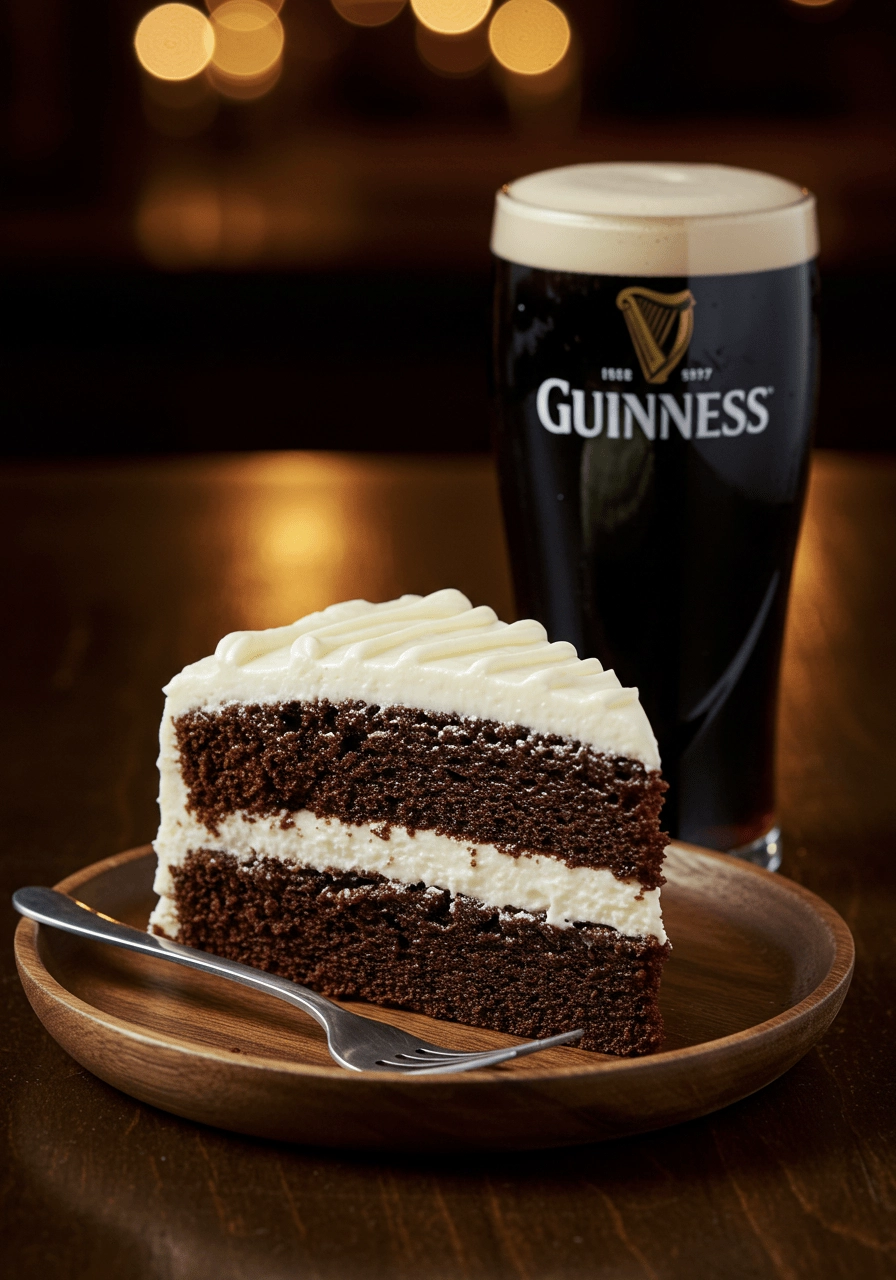 Irish Chocolate Guinness Cake 2 A rich, moist slice of Irish chocolate Guinness cake on a rustic wooden plate, topped with a thick layer of creamy white frosting. A pint of Guinness with a foamy head sits beside it. The background is softly blurred with warm pub lighting, creating a cozy Irish tavern atmosphere.