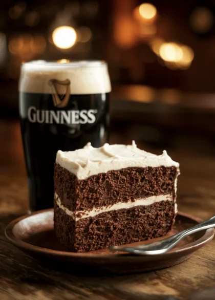A rich, moist slice of Irish chocolate Guinness cake on a rustic wooden plate, topped with a thick layer of creamy white frosting. A pint of Guinness with a foamy head sits beside it. The background is softly blurred with warm pub lighting, creating a cozy Irish tavern atmosphere.