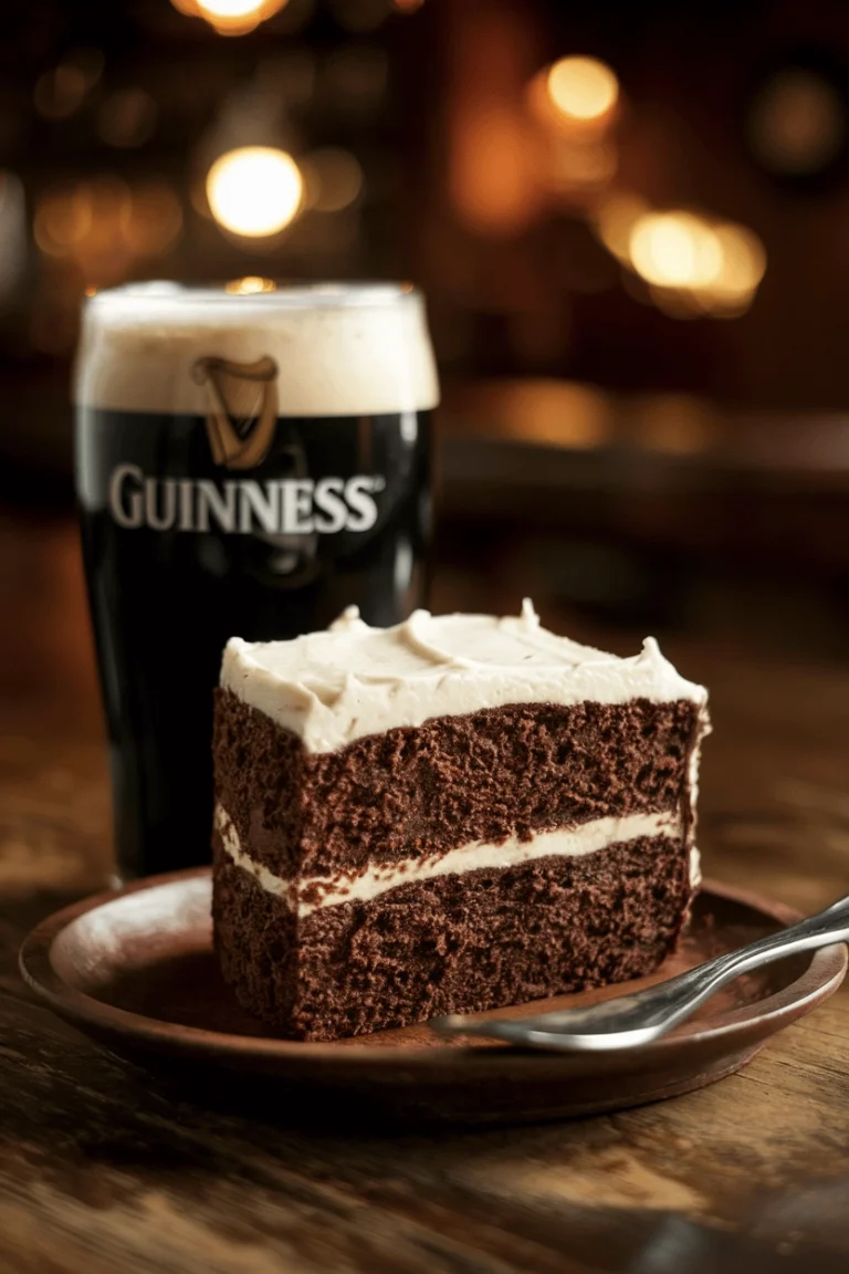 A rich, moist slice of Irish chocolate Guinness cake on a rustic wooden plate, topped with a thick layer of creamy white frosting. A pint of Guinness with a foamy head sits beside it. The background is softly blurred with warm pub lighting, creating a cozy Irish tavern atmosphere.