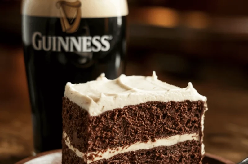 A rich, moist slice of Irish chocolate Guinness cake on a rustic wooden plate, topped with a thick layer of creamy white frosting. A pint of Guinness with a foamy head sits beside it. The background is softly blurred with warm pub lighting, creating a cozy Irish tavern atmosphere.