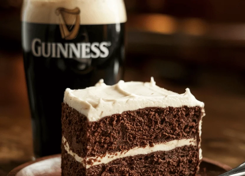 Irish Chocolate Guinness Cake 1 A rich, moist slice of Irish chocolate Guinness cake on a rustic wooden plate, topped with a thick layer of creamy white frosting. A pint of Guinness with a foamy head sits beside it. The background is softly blurred with warm pub lighting, creating a cozy Irish tavern atmosphere.