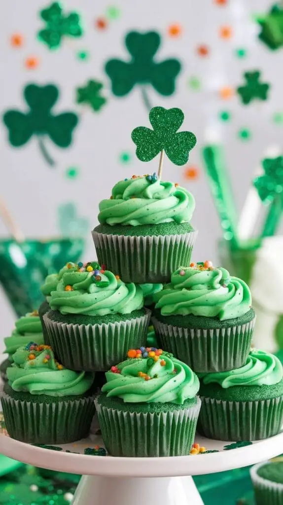 Festive St. Patrick Festive green cupcakes topped with frosting and sprinkles for St. Patricks Day