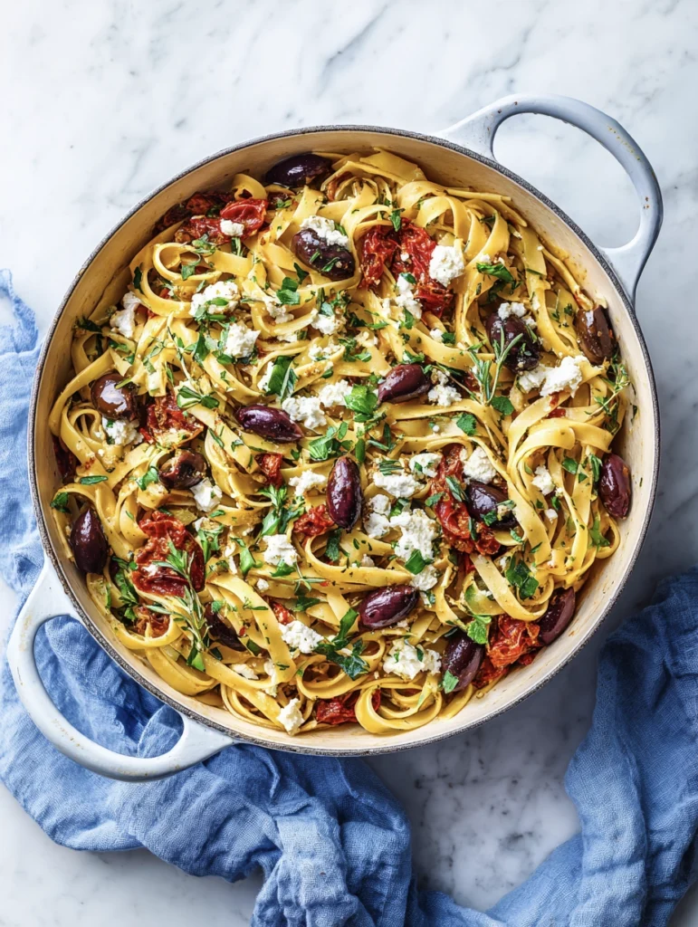 A bowl of One-Pot Mediterranean Pasta with rotini, sun-dried tomatoes, olives, and herbs.