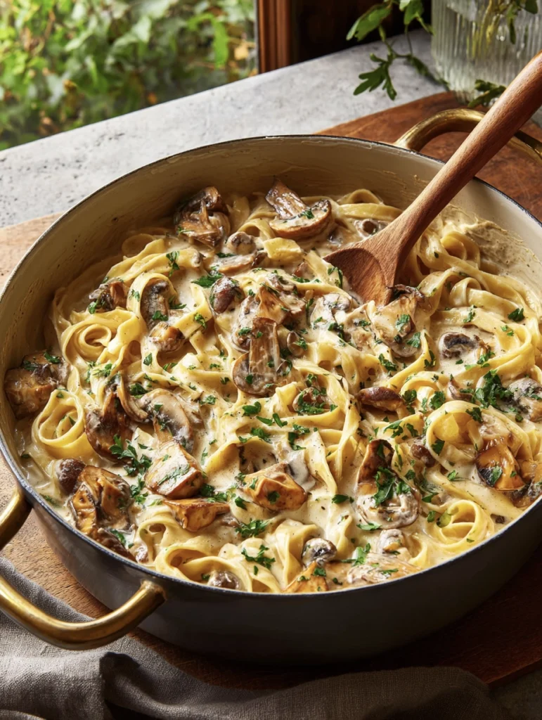 A delicious bowl of One-Pot Mushroom Stroganoff with pasta and mushrooms
