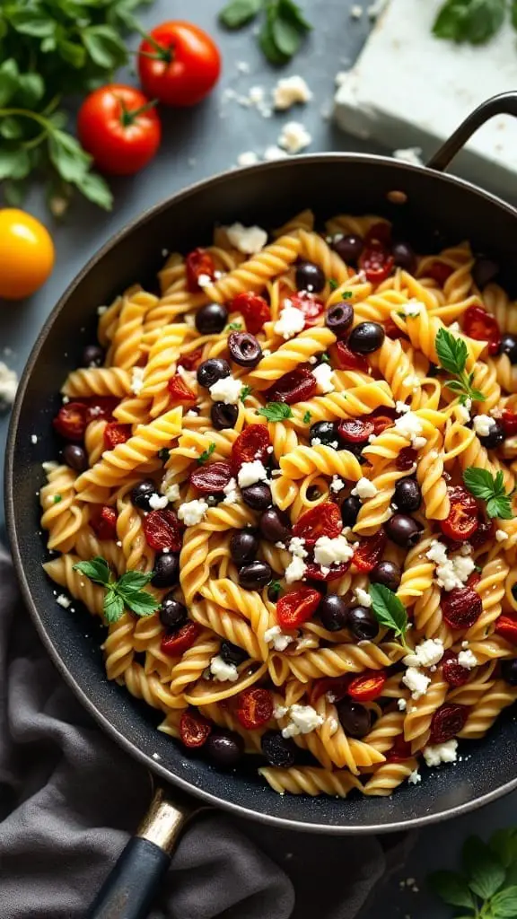 12 Easy One-Pot Pasta Dinner Recipes You’ll Love 12 A bowl of One-Pot Mediterranean Pasta with rotini, sun-dried tomatoes, olives, and herbs.