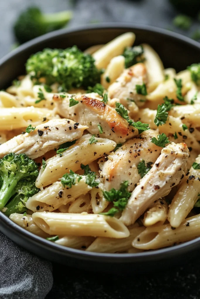 12 Easy One-Pot Pasta Dinner Recipes You’ll Love 11 A bowl of pasta with chicken and broccoli garnished with parsley.