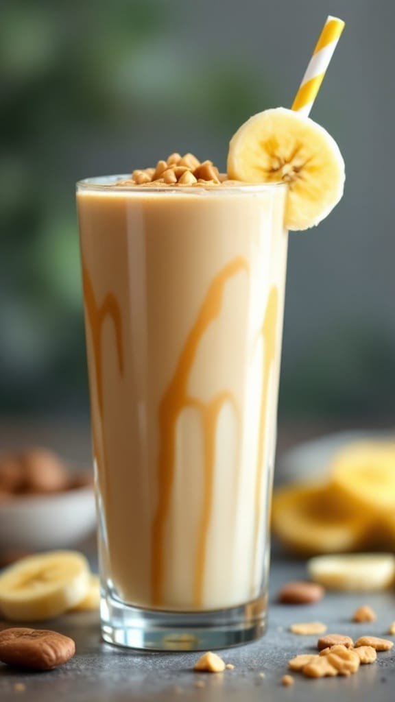 12 Quick and Tasty Breakfast Ideas for Busy Mornings 4 A peanut butter and banana smoothie in a glass with a striped straw
