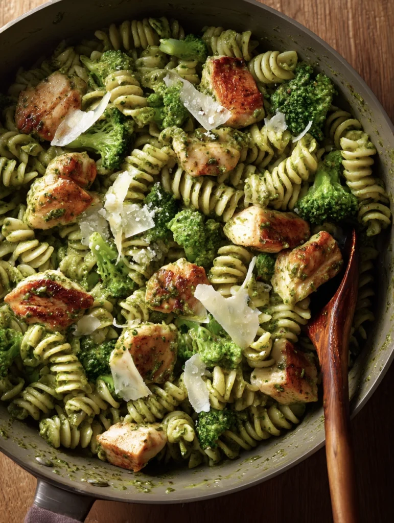 A bowl of pasta with chicken and broccoli garnished with parsley.