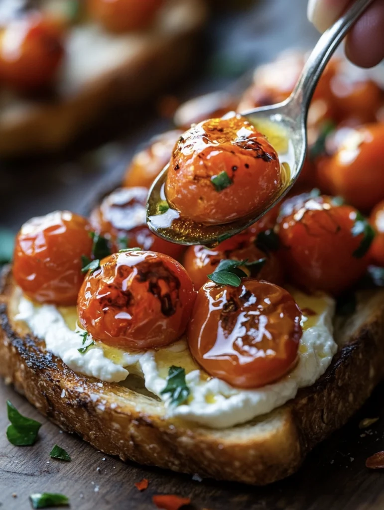Whipped Ricotta Toasts with Garlic Butter and Roasted Cherry Tomato 3 ricotta cheese tomatoes 3