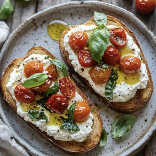 Whipped Ricotta Toasts with Garlic Butter and Roasted Cherry Tomato 4 ricotta cheese tomatoes 4