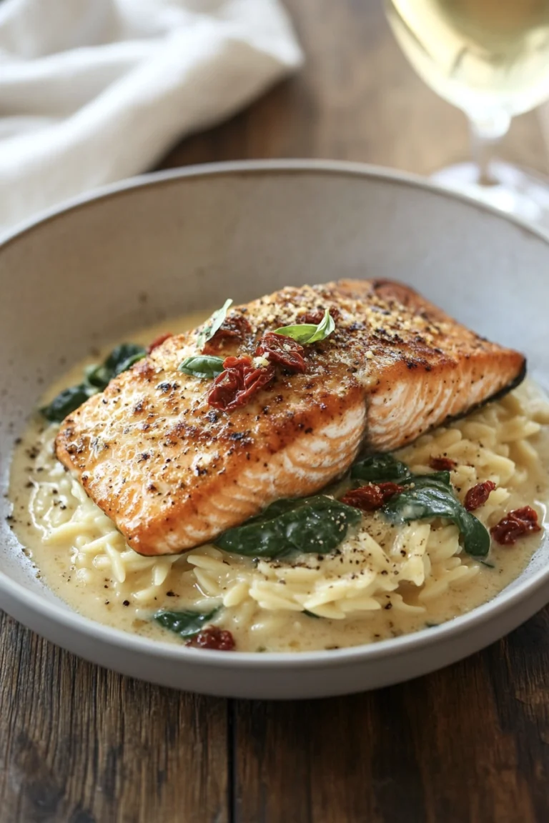 Creamy Garlic Butter Tuscan Salmon with Lemon Parmesan Orzo