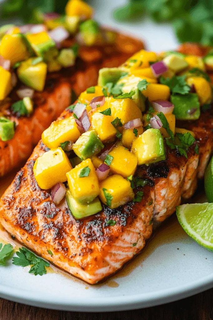 Honey-Chipotle Glazed Salmon with Avocado Mango Salsa 2 a plated honey-chipotle glazed salmon fillet topped with vibrant avocado mango salsa. The dish is garnished with fresh cilantro and lime wedges, served on a white plate.