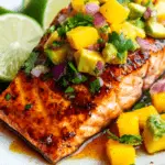 a plated honey-chipotle glazed salmon fillet topped with vibrant avocado mango salsa. The dish is garnished with fresh cilantro and lime wedges, served on a white plate.