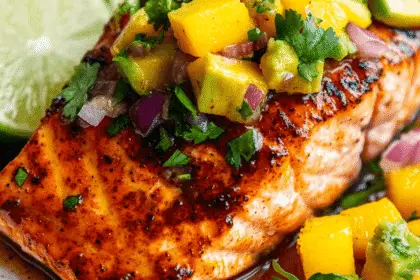 Honey-Chipotle Glazed Salmon with Avocado Mango Salsa 26 a plated honey-chipotle glazed salmon fillet topped with vibrant avocado mango salsa. The dish is garnished with fresh cilantro and lime wedges, served on a white plate.