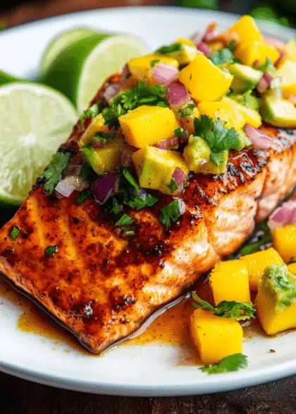 a plated honey-chipotle glazed salmon fillet topped with vibrant avocado mango salsa. The dish is garnished with fresh cilantro and lime wedges, served on a white plate.