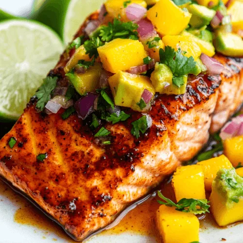 Honey-Chipotle Glazed Salmon with Avocado Mango Salsa 6 a plated honey-chipotle glazed salmon fillet topped with vibrant avocado mango salsa. The dish is garnished with fresh cilantro and lime wedges, served on a white plate.