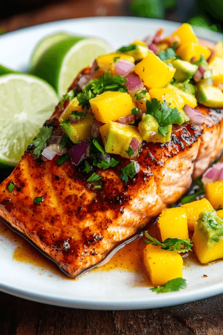 a plated honey-chipotle glazed salmon fillet topped with vibrant avocado mango salsa. The dish is garnished with fresh cilantro and lime wedges, served on a white plate.