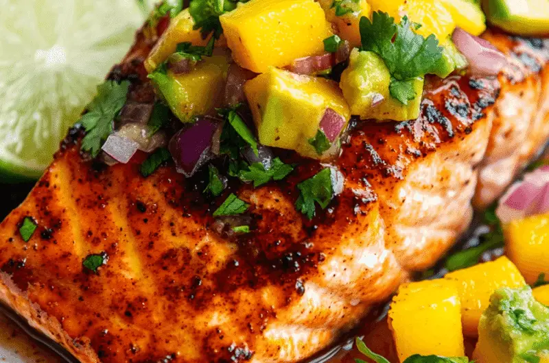 a plated honey-chipotle glazed salmon fillet topped with vibrant avocado mango salsa. The dish is garnished with fresh cilantro and lime wedges, served on a white plate.